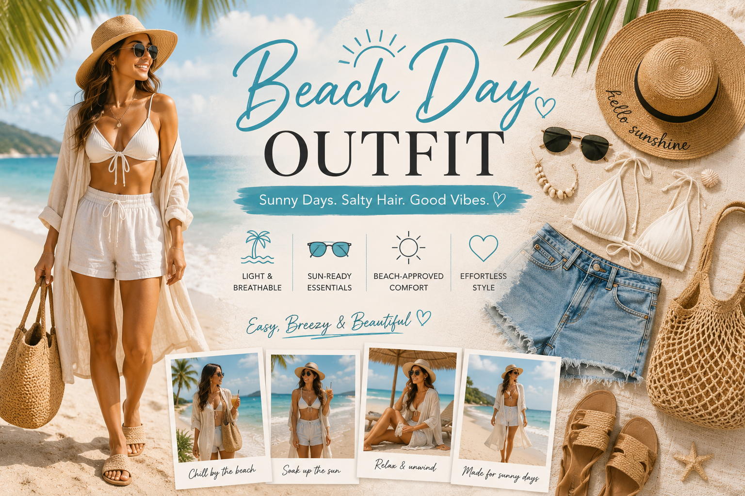Beachwear outfit with sunglasses sandals and soft cover-up
