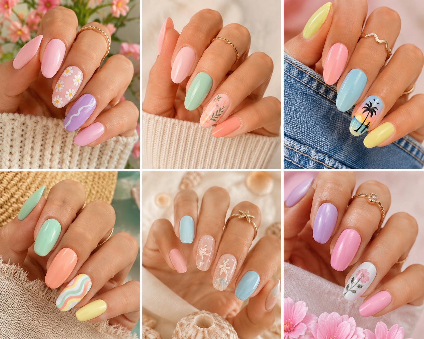 Bright colorful summer nails with yellow pink blue orange and green shades
