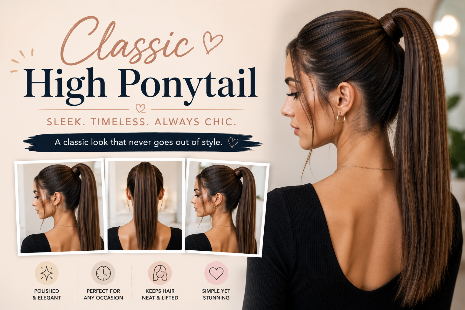 Sleek ponytail hairstyle with a polished finish
