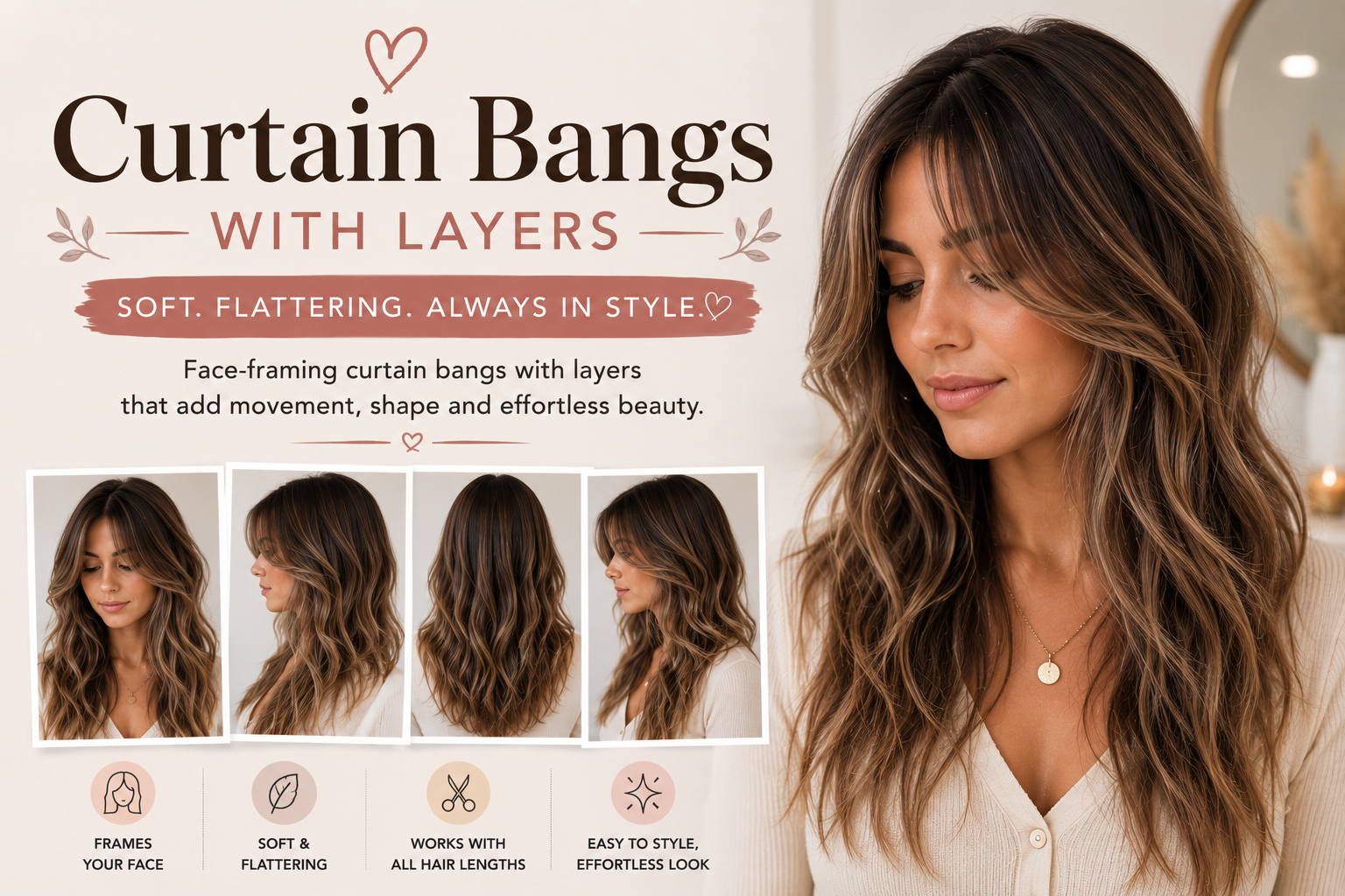 Layered hairstyle with curtain bangs framing the face