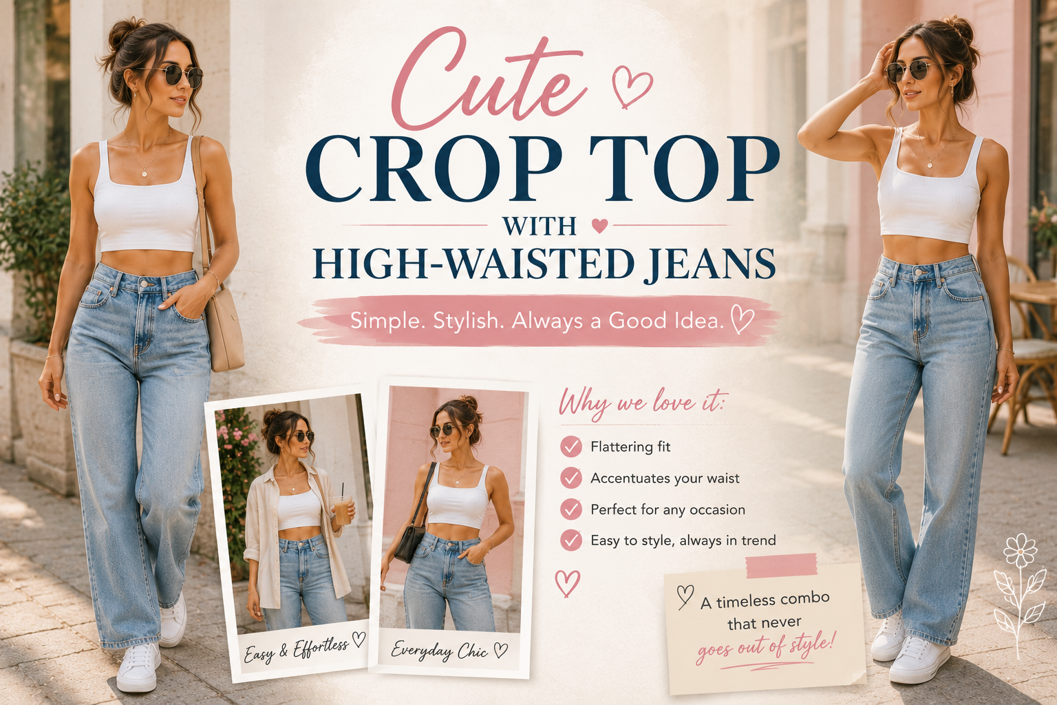 Summer crop top styled with high-waisted denim jeans