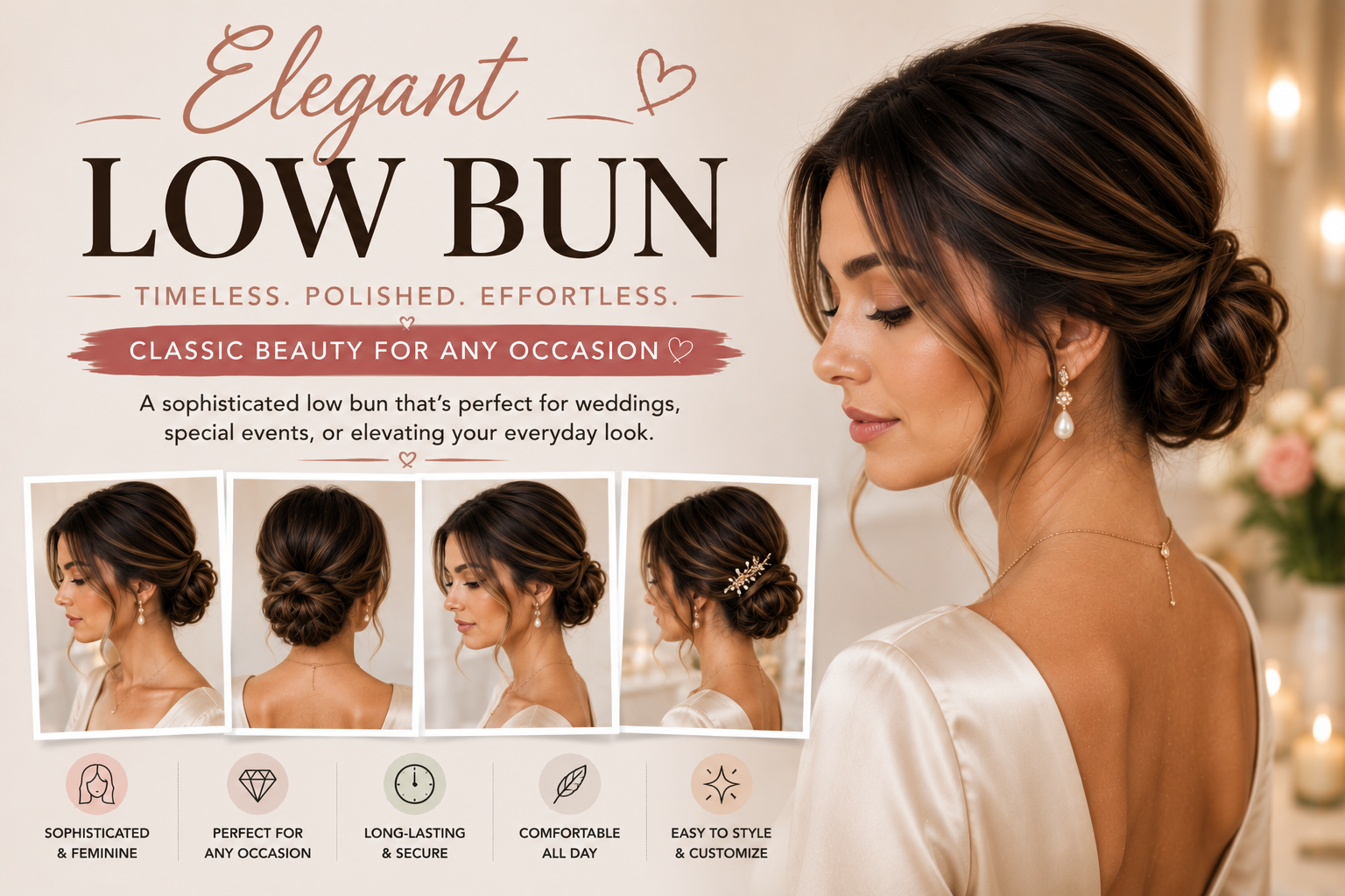 Low bun hairstyle for weddings dinners or formal occasions