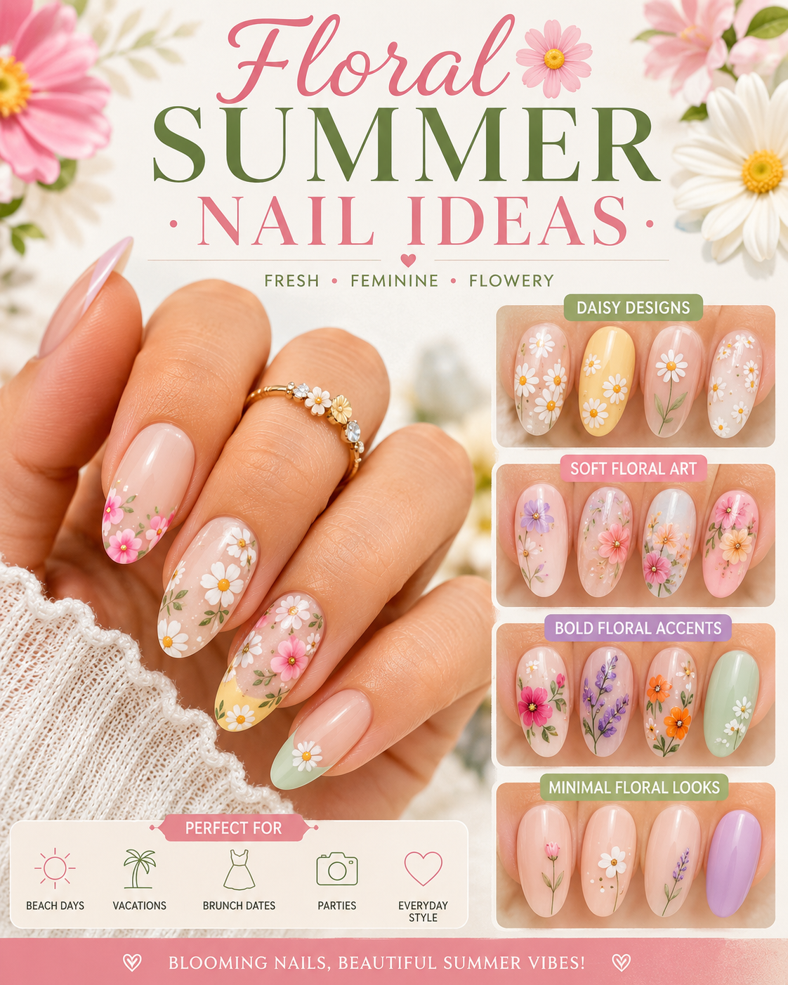 Floral summer nail art with daisies soft petals and colorful floral patterns