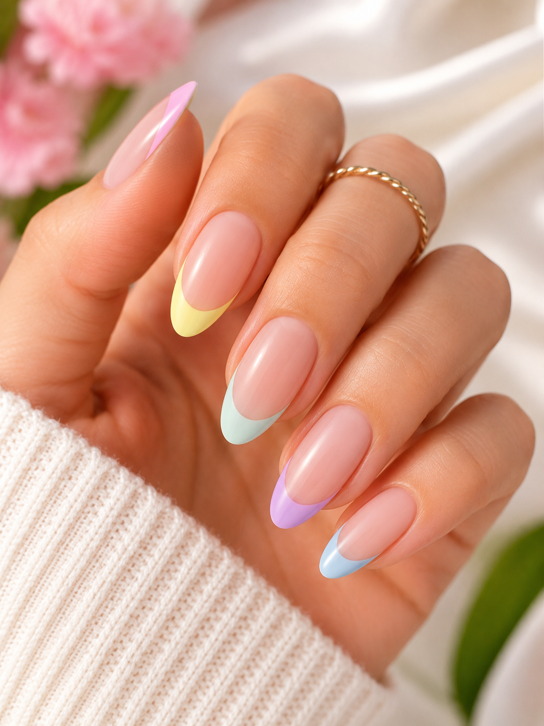 Summer french tip nails with colorful pink turquoise and yellow nail tips