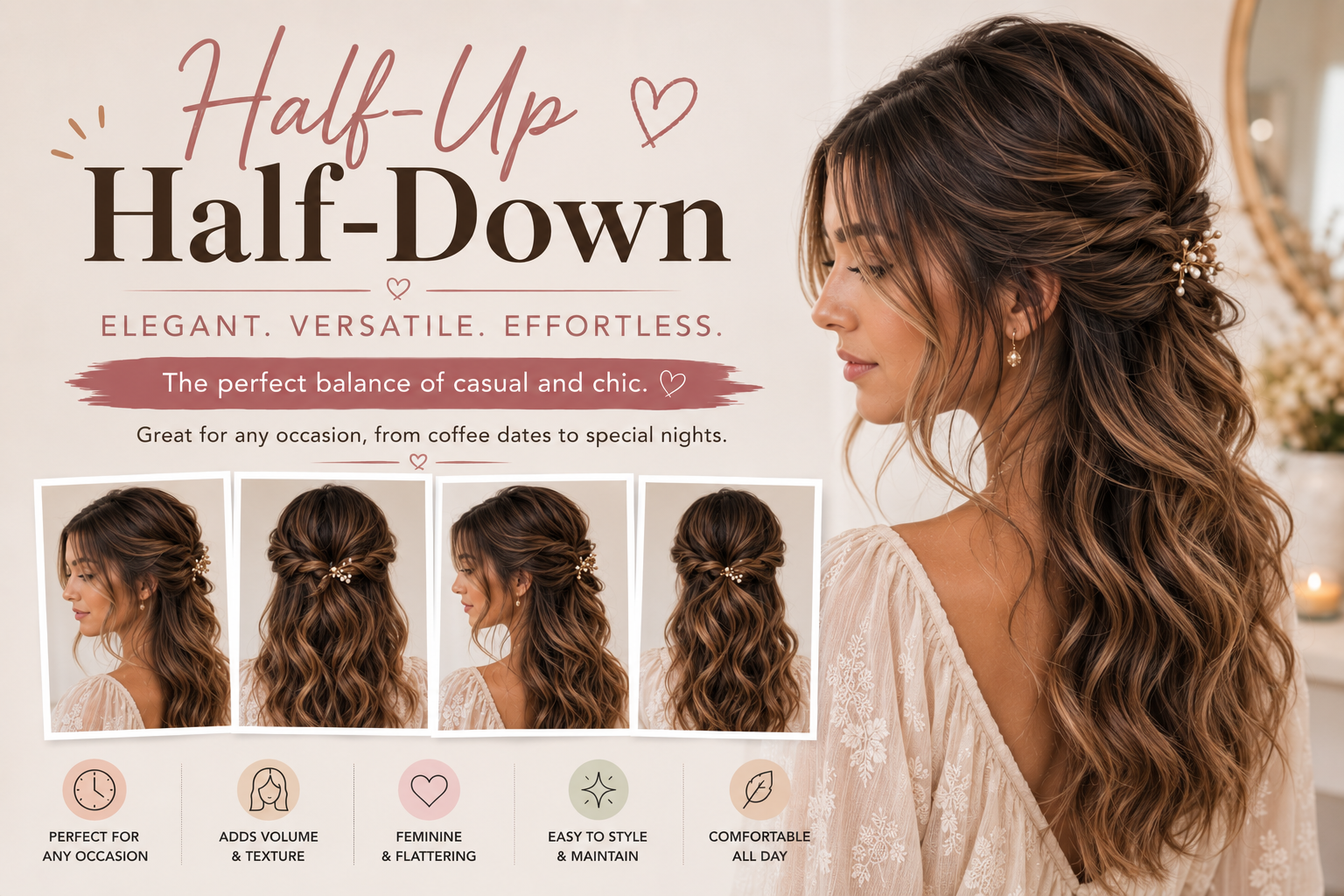 Half up half down hairstyle with soft curls and volume