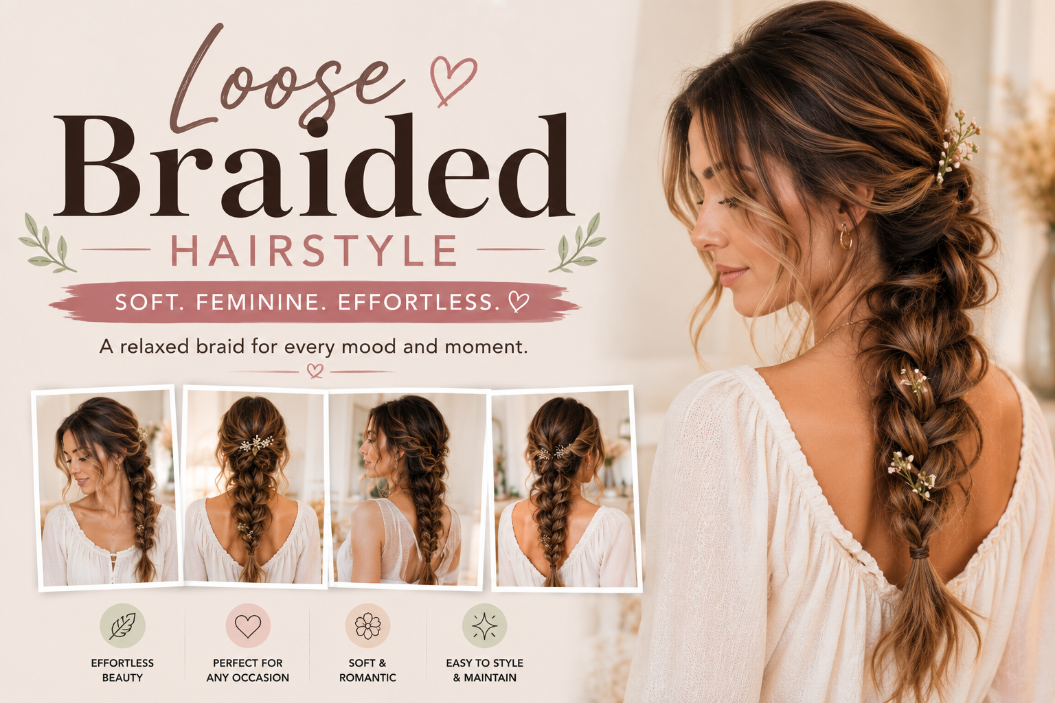 Loose braid hairstyle with relaxed elegant styling