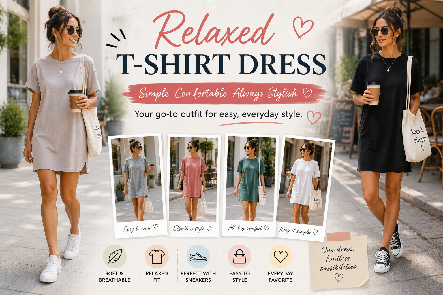 Minimal t-shirt dress with sneakers or sandals