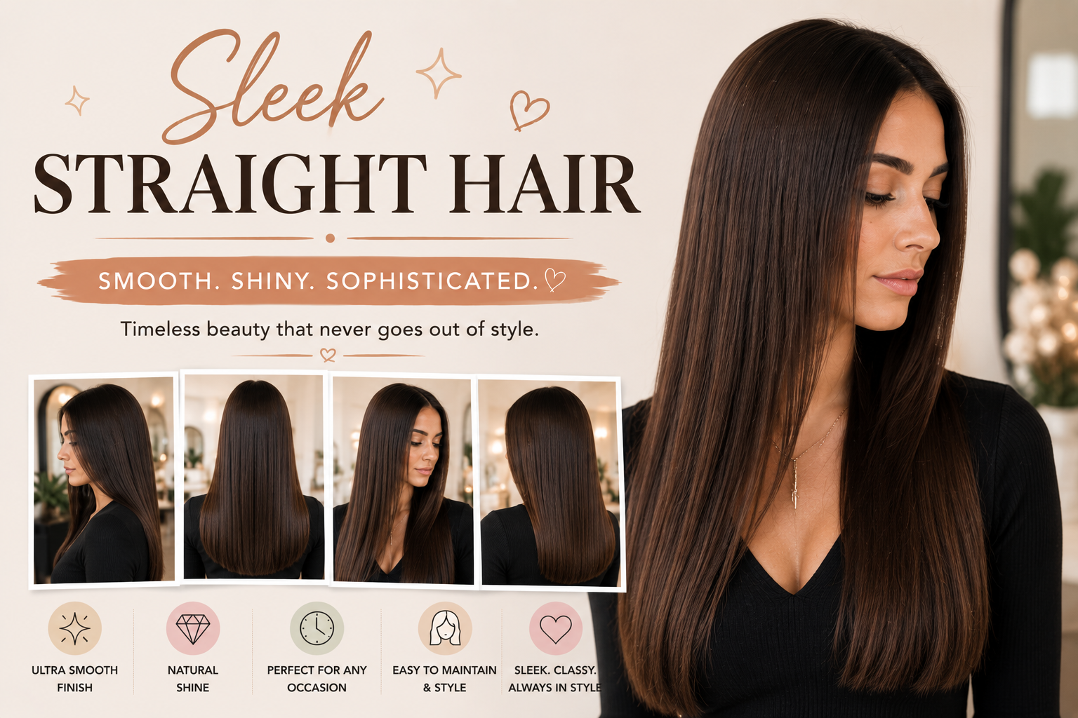 Sleek straight hairstyle with shiny healthy hair