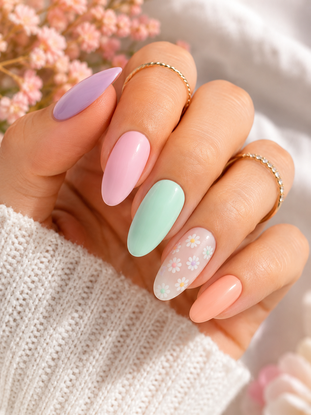 Soft pastel summer nails in lavender peach mint green and baby pink