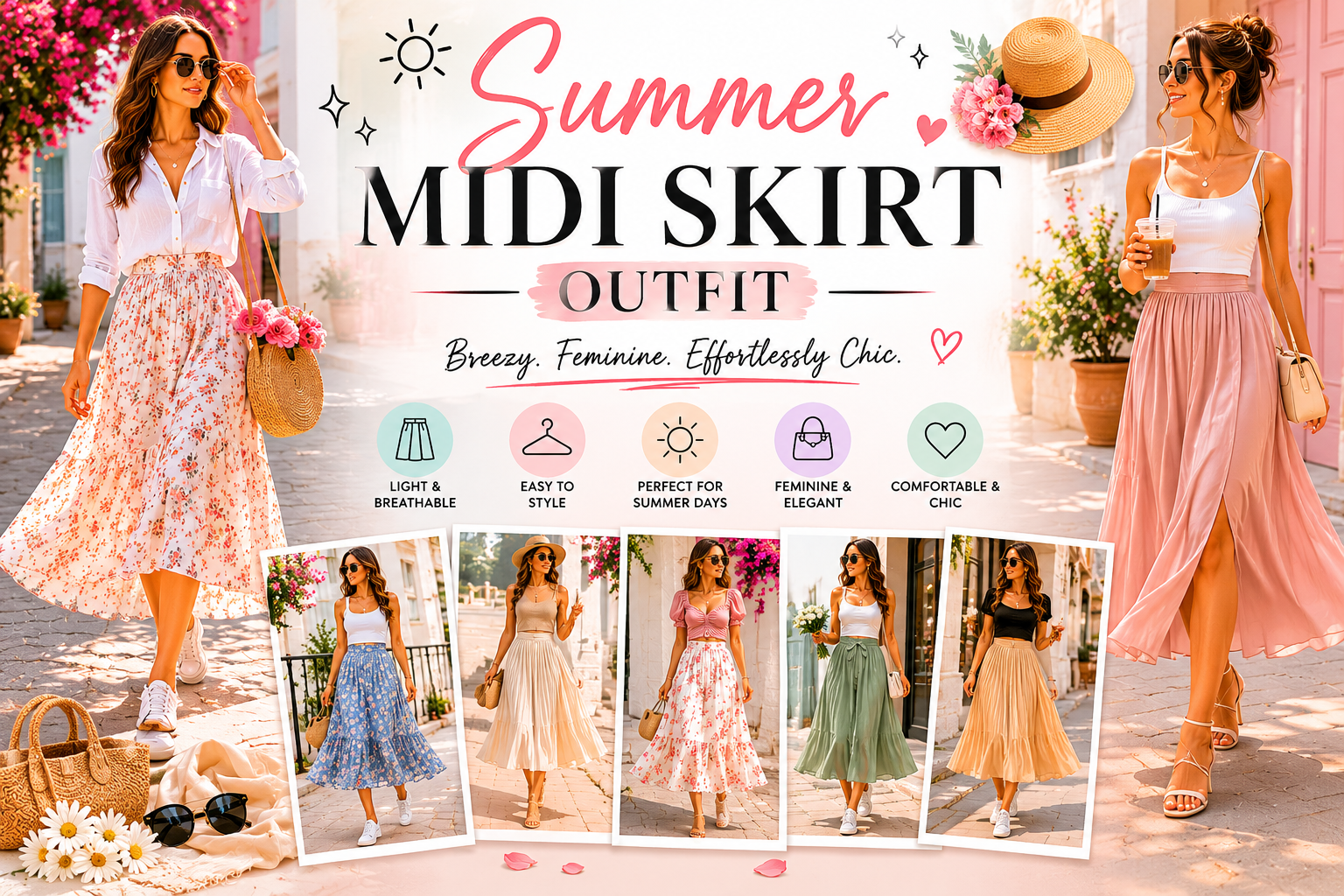 Flowy midi skirt paired with a fitted summer top
