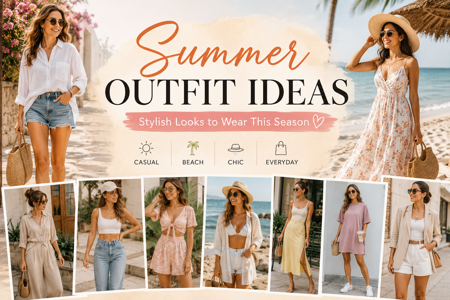 A stylish summer fashion collage with casual chic beach and everyday outfit inspiration