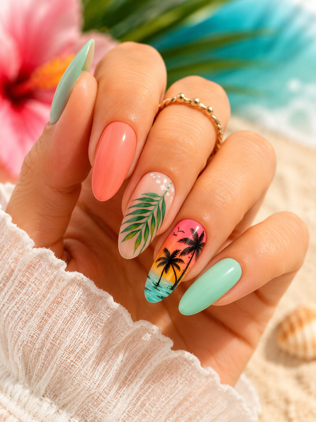 Tropical summer nails with palm leaf details floral accents and sunset colors