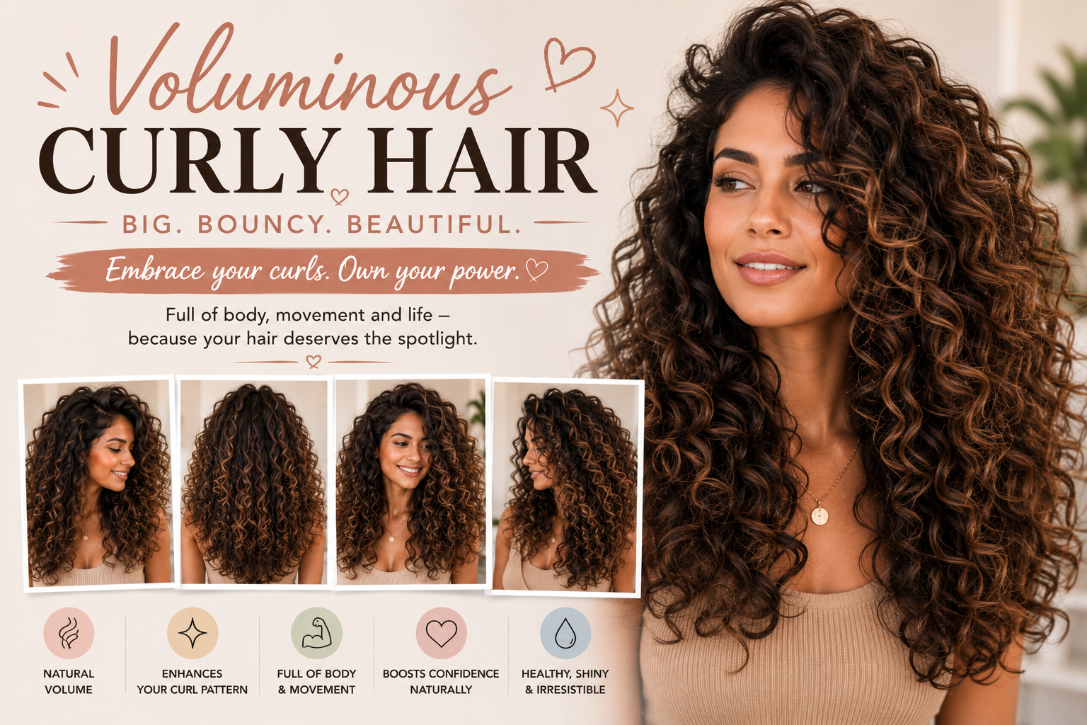 Curly hairstyle with soft volume and bounce