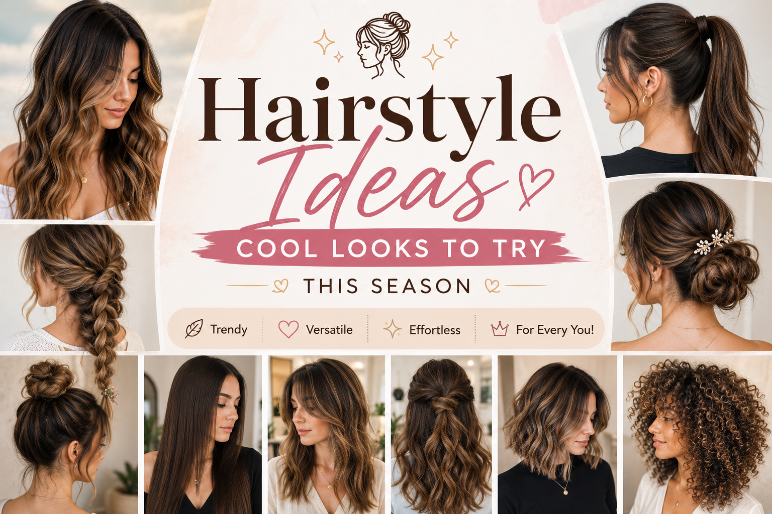 A hairstyle collage featuring casual elegant braided wavy ponytail and trendy hairstyle inspiration