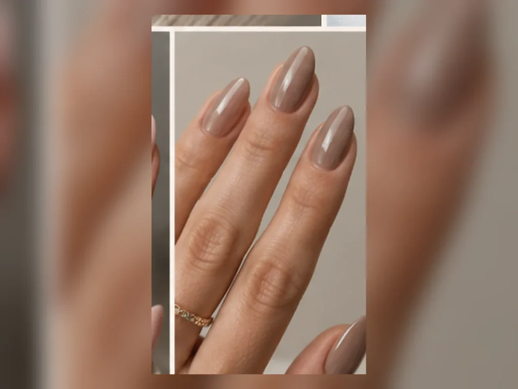 Taupe neutral manicure on almond-shaped nails