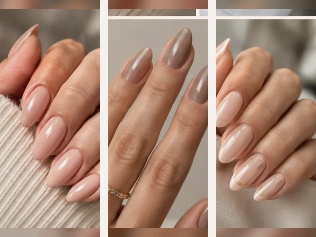 Selection of neutral almond nail styles in pink, nude and taupe