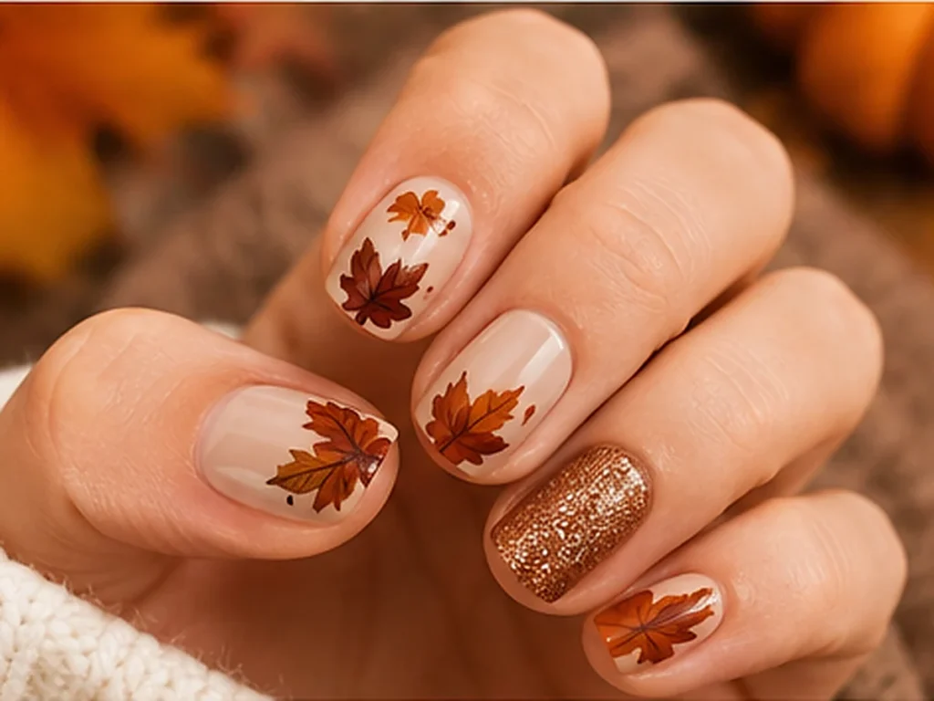Small autumn leaf nail art on short natural nails