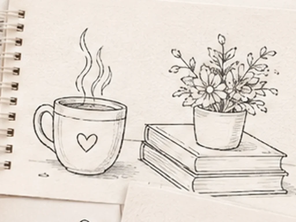 Simple pencil drawing of a mug and books for beginners