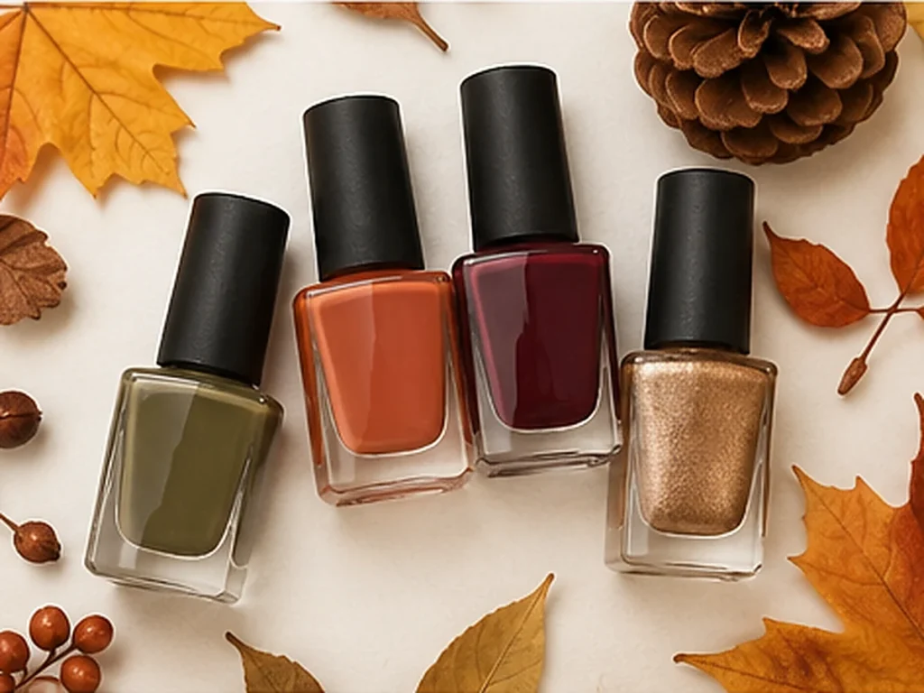 Fall nail color palette with olive, rust, burgundy and gold