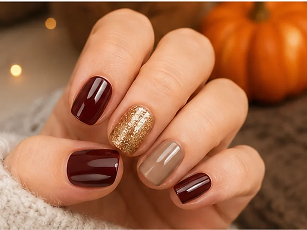 Short fall nails in deep burgundy, taupe and subtle gold tones