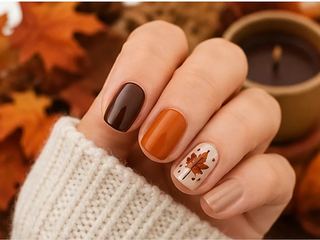 Short fall nails in caramel, rust, burgundy and warm neutral shades