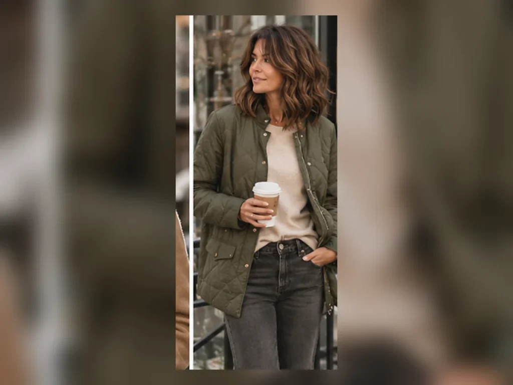 30 Casual Fall Outfits for Women Over 40 That Feel Effortless Woman over 40 in an olive utility jacket and dark jeans