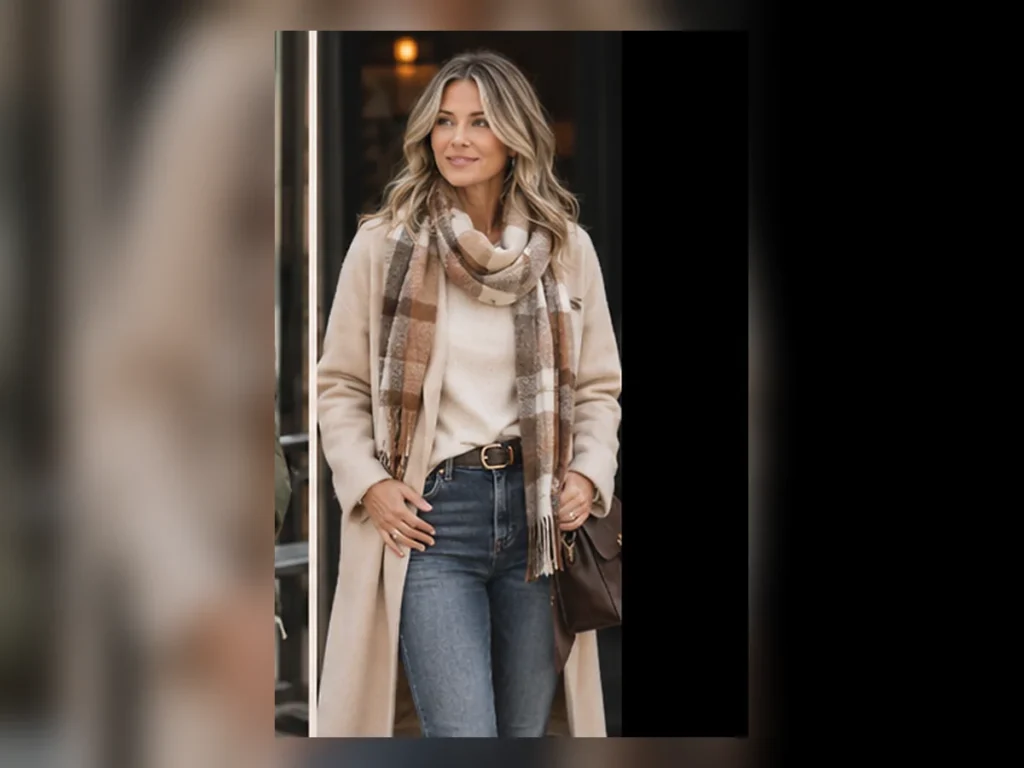 30 Casual Fall Outfits for Women Over 40 That Feel Effortless Woman over 40 in a neutral coat, scarf and jeans with the full available look preserved