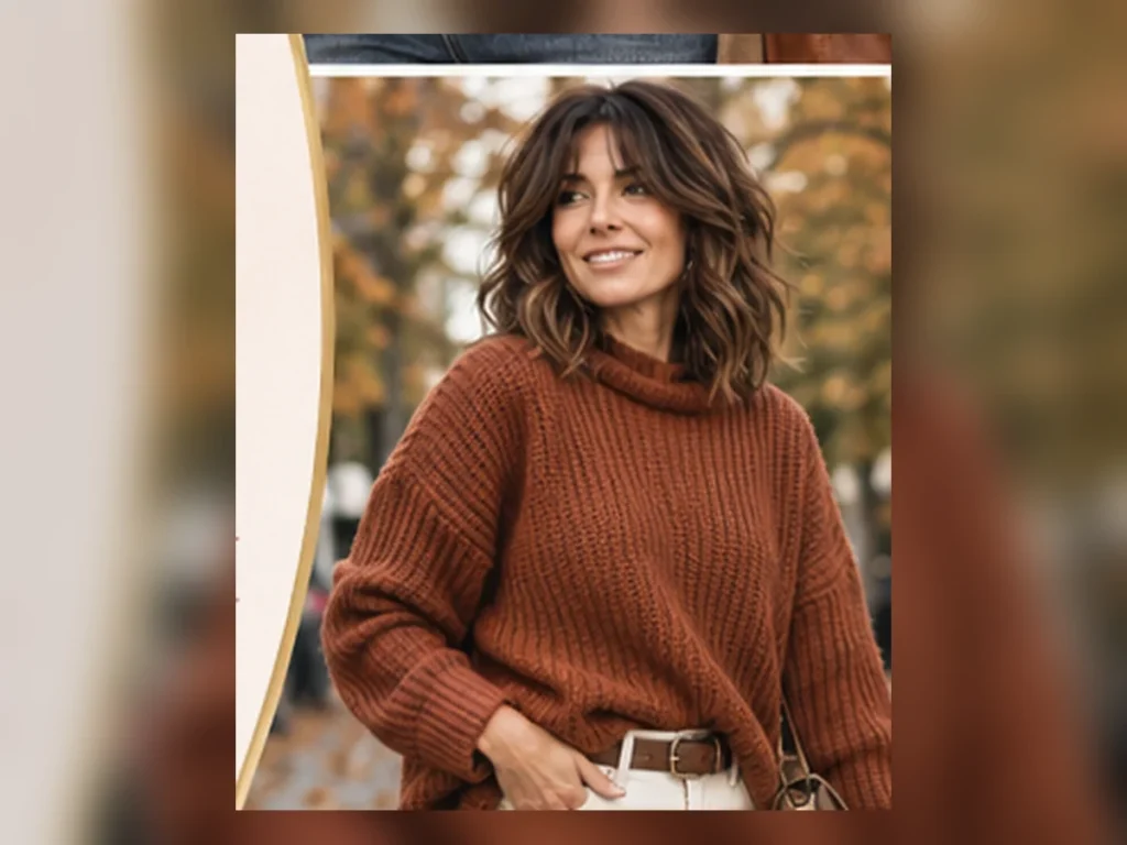 30 Casual Fall Outfits for Women Over 40 That Feel Effortless Woman over 40 in a warm rust knit with light trousers