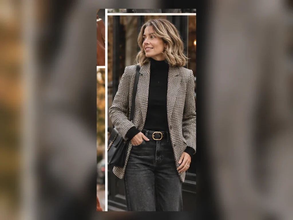 30 Casual Fall Outfits for Women Over 40 That Feel Effortless Woman over 40 in a blazer and dark denim, with the available outfit preserved