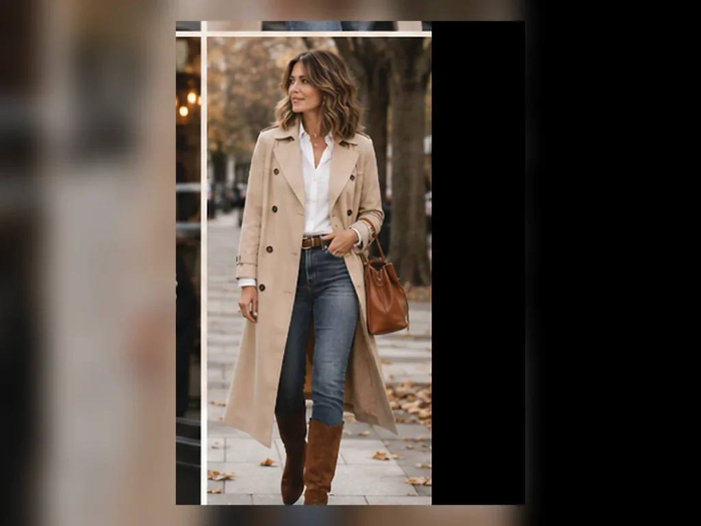 30 Casual Fall Outfits for Women Over 40 That Feel Effortless Woman over 40 in a trench coat, jeans and boots with the full available outfit visible