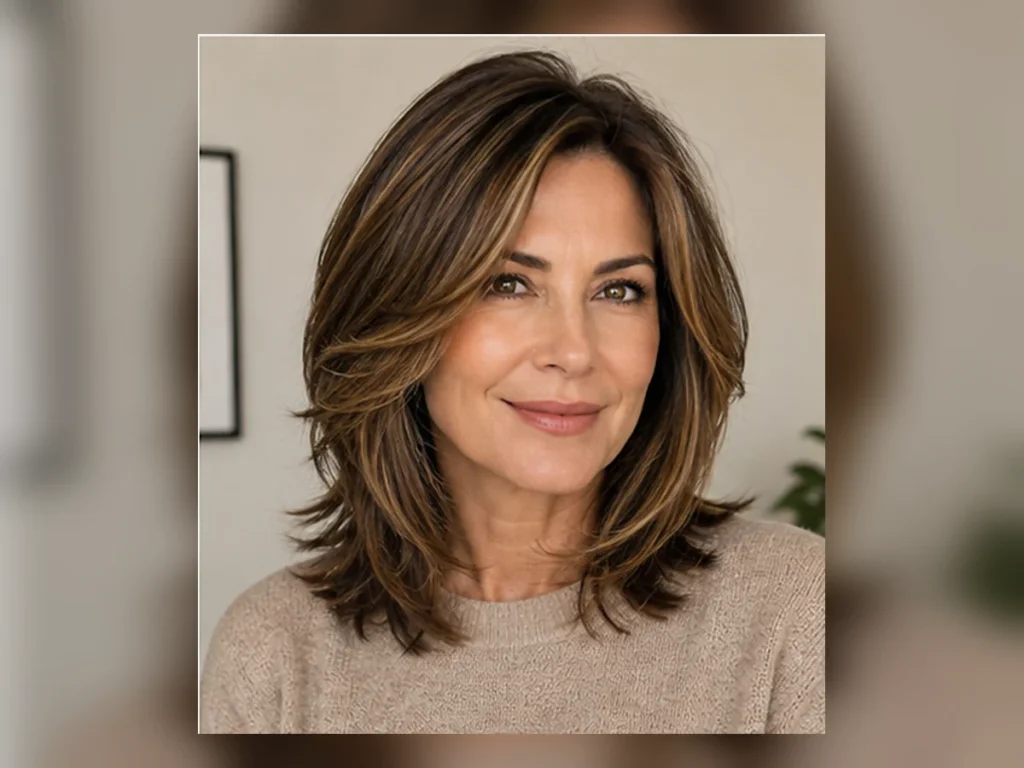 25 Hairstyles for Women Over 40 That Feel Fresh & Modern Woman over 40 with a soft layered lob, with the complete hairstyle visible