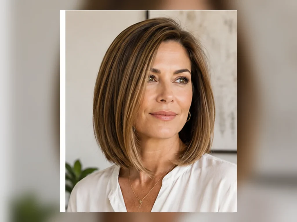 25 Hairstyles for Women Over 40 That Feel Fresh & Modern Woman over 40 with a polished side-parted long bob, full hairstyle visible