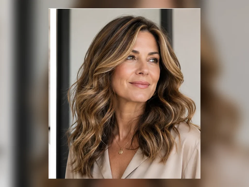 25 Hairstyles for Women Over 40 That Feel Fresh & Modern Woman over 40 with soft shoulder-length waves and full hairstyle visible