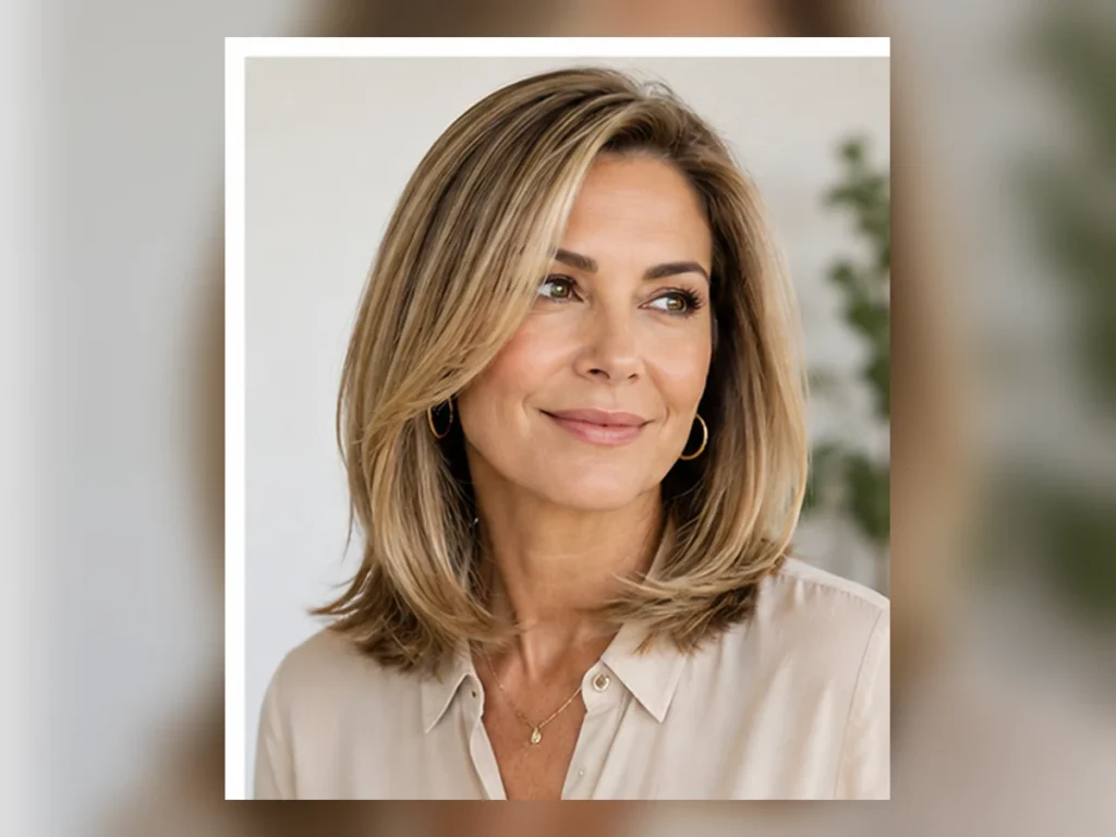 25 Hairstyles for Women Over 40 That Feel Fresh & Modern Woman over 40 with a layered shoulder-length cut and full hair visible