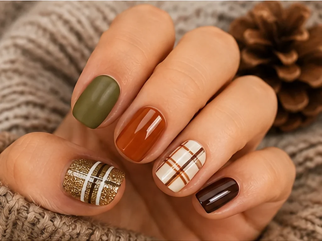 Short fall nails with olive, rust, plaid and metallic accents