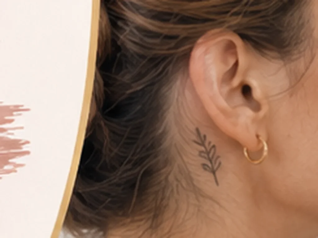 Small fine-line leaf tattoo behind a woman's ear