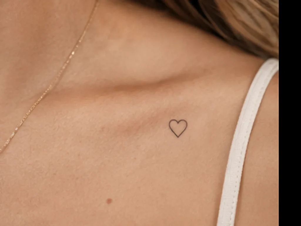 Tiny outline heart tattoo on a woman's upper chest