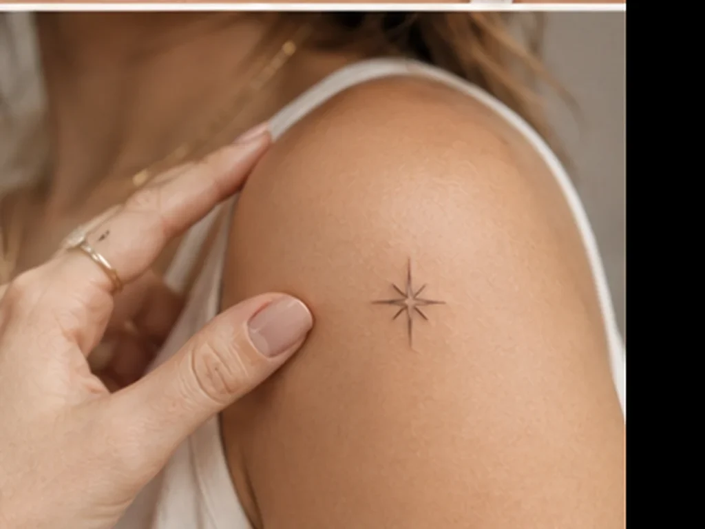 Small fine-line star tattoo on a woman's shoulder