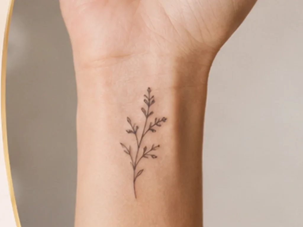 Small fine-line botanical tattoo on a woman's wrist