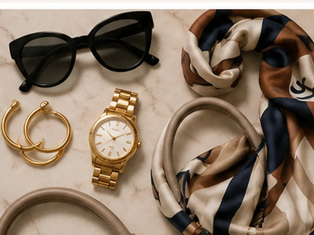 Elegant sunglasses, gold jewelry, scarf, watch and neutral handbag