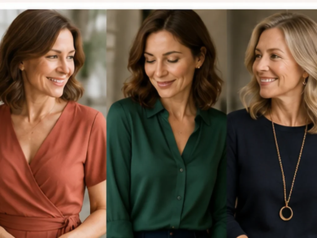Women over 40 wearing polished tops in rust, green and navy