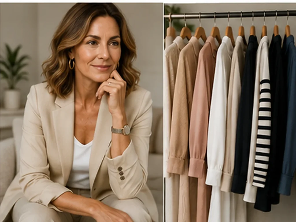 Woman over 40 beside a wardrobe of versatile neutral clothes