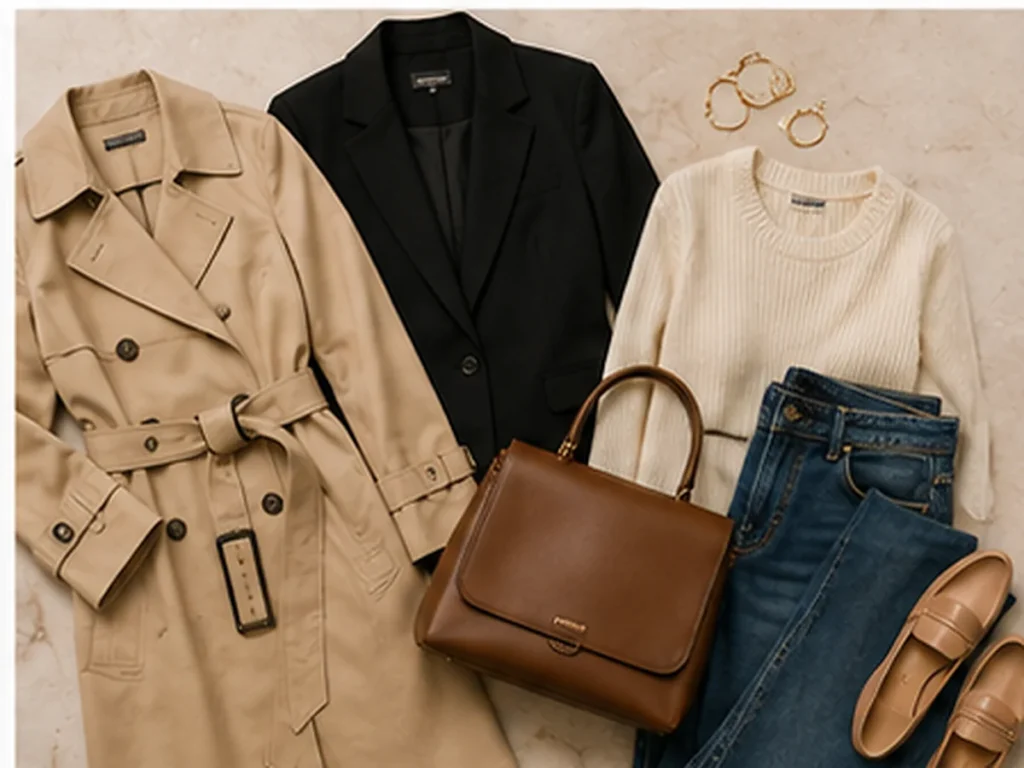 Neutral wardrobe basics including blazer, knitwear, jeans, shoes and handbag