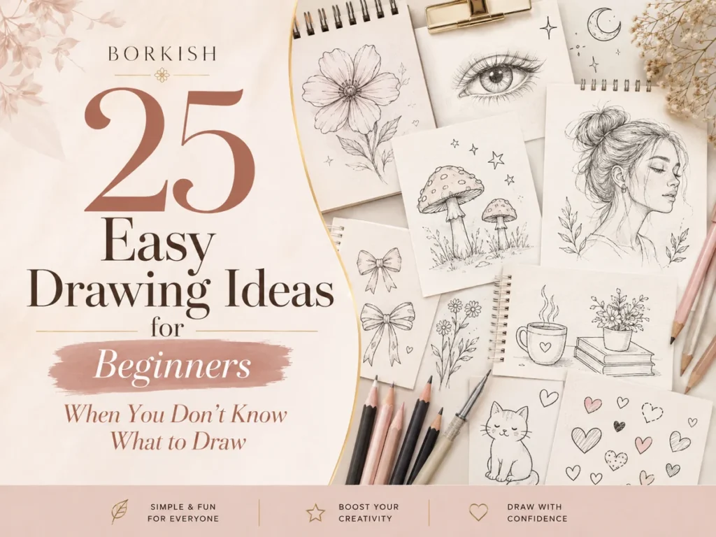 25 easy drawing ideas for beginners including flowers, eyes, mushrooms, cats and simple doodles